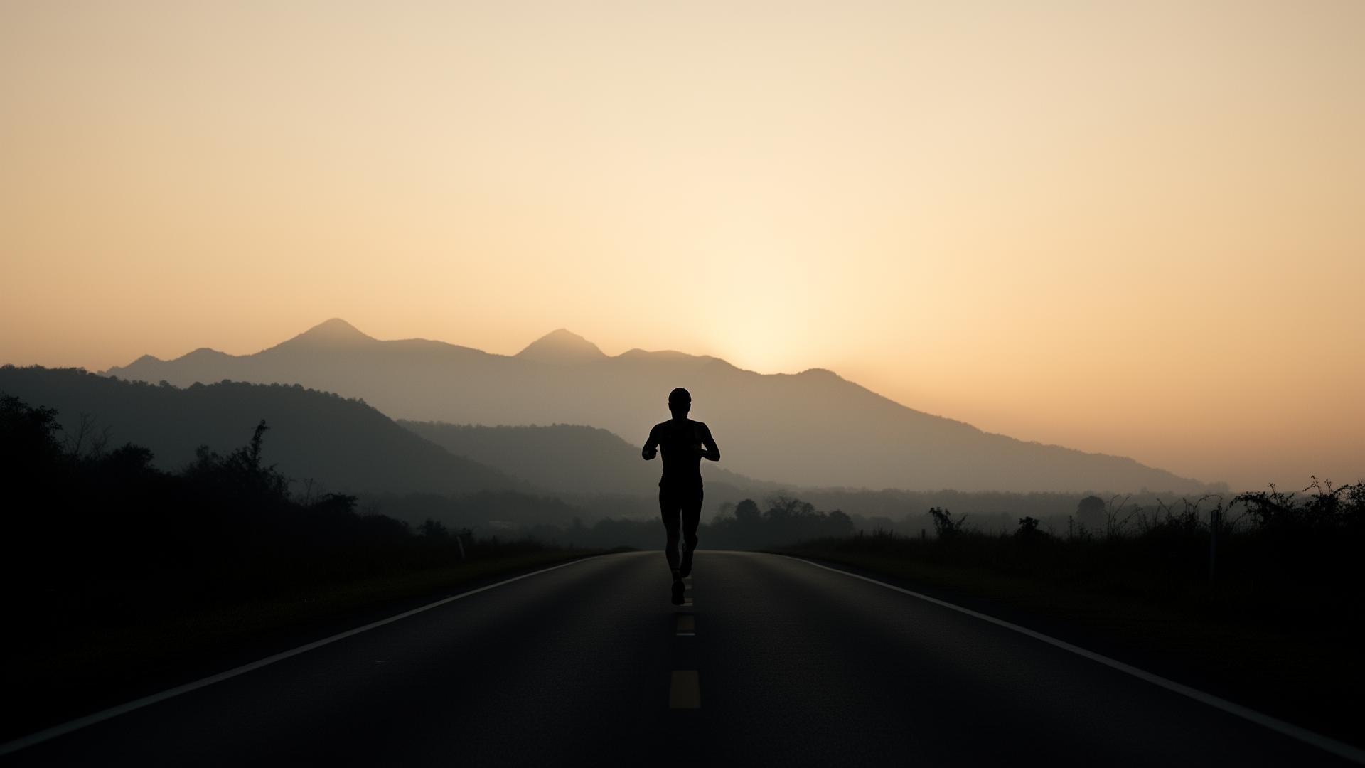 Coureur silhouette face à un lever de soleil sur les montagnes